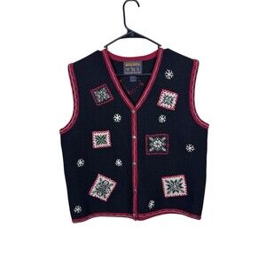 Vintage Woolrich Wool Button Front V-Neck Winter Themed Sweater Vest Size Large